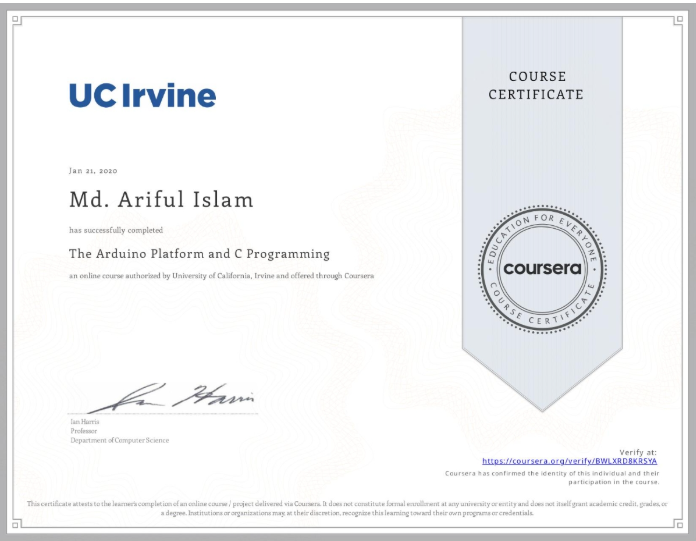 The Arduino Platform and C Programming certificate