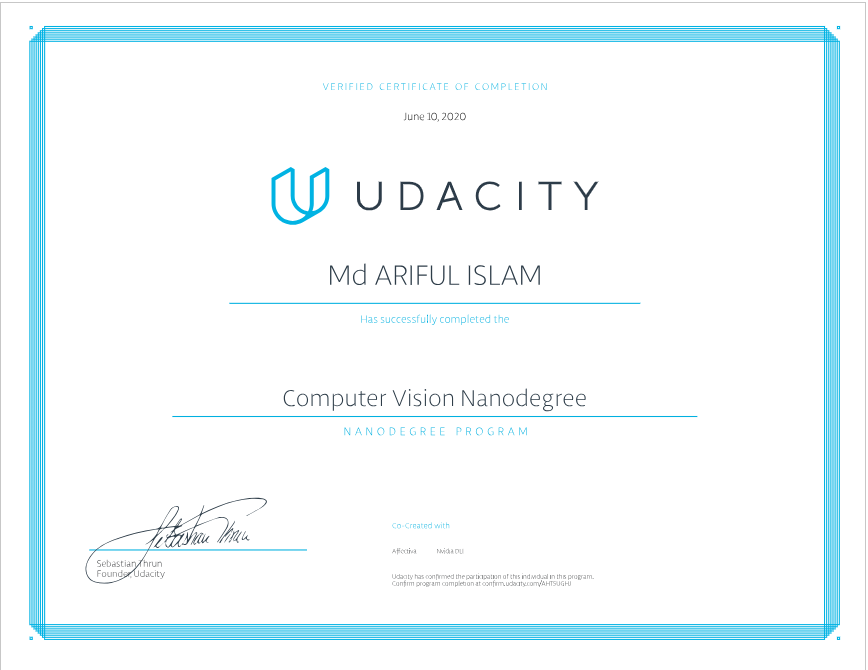 Computer Vision Nanodegree certificate