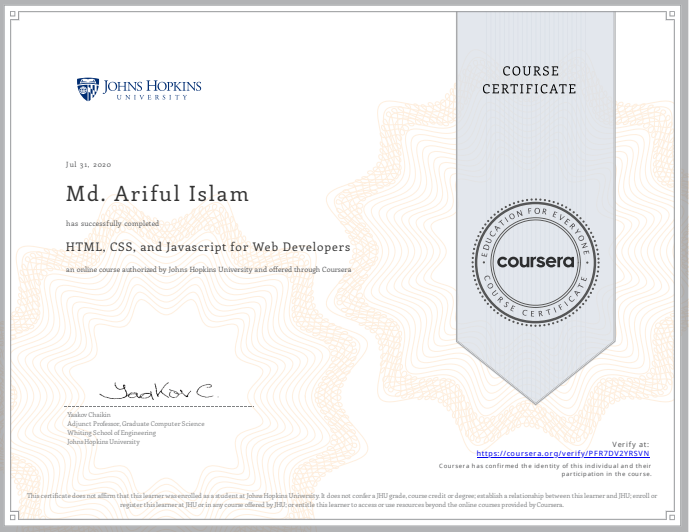HTML, CSS, and Javascript for Web Developers certificate