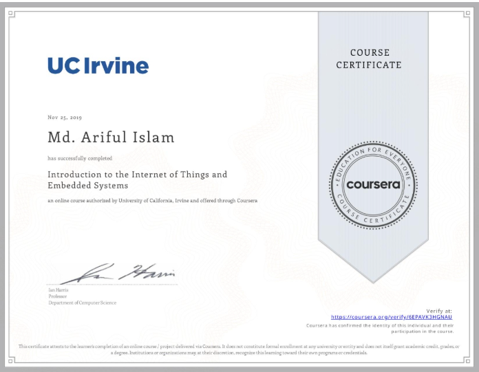 Introduction to the Internet of Things and Embedded Systems certificate