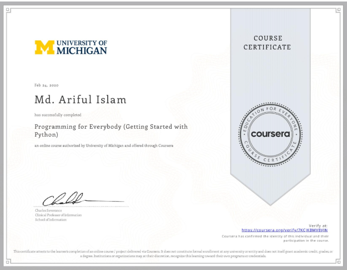 Programming for Everybody (Getting Started with Python) certificate