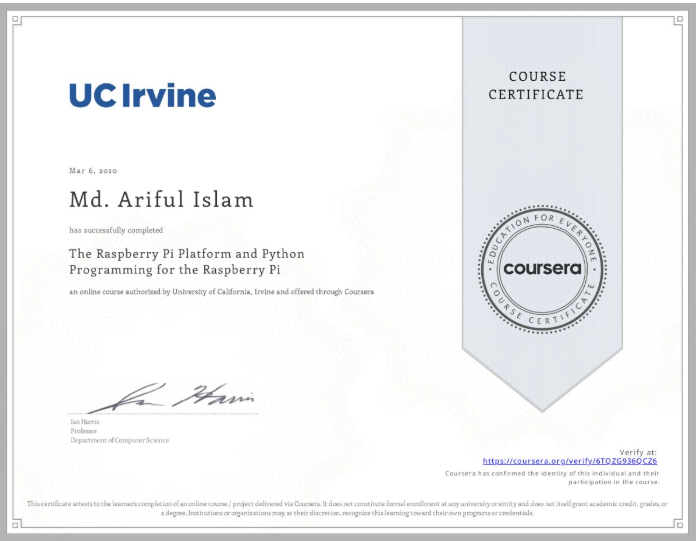 The Raspberry Pi Platform and Python Programming for the Raspberry Pi certificate